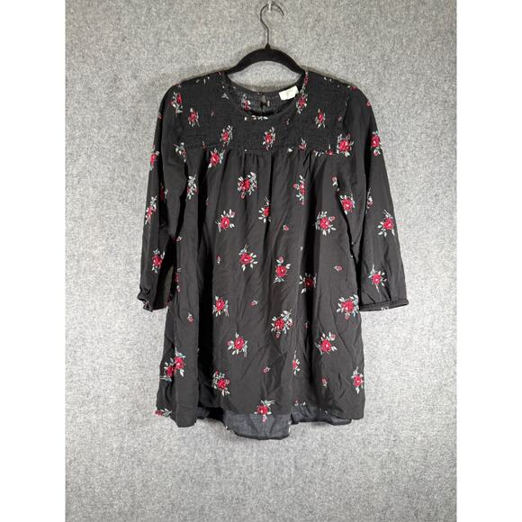 J Jill Blouse Women Medium Black Smocked Long Sleeve Floral Boho Relax Dark Fair - Picture 1 of 7